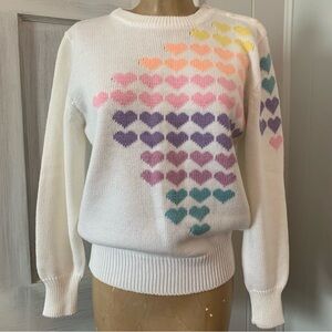 Vintage Rainbow Hearts Sweater 1980s White Knit Authentic Novelty Sweater Lg